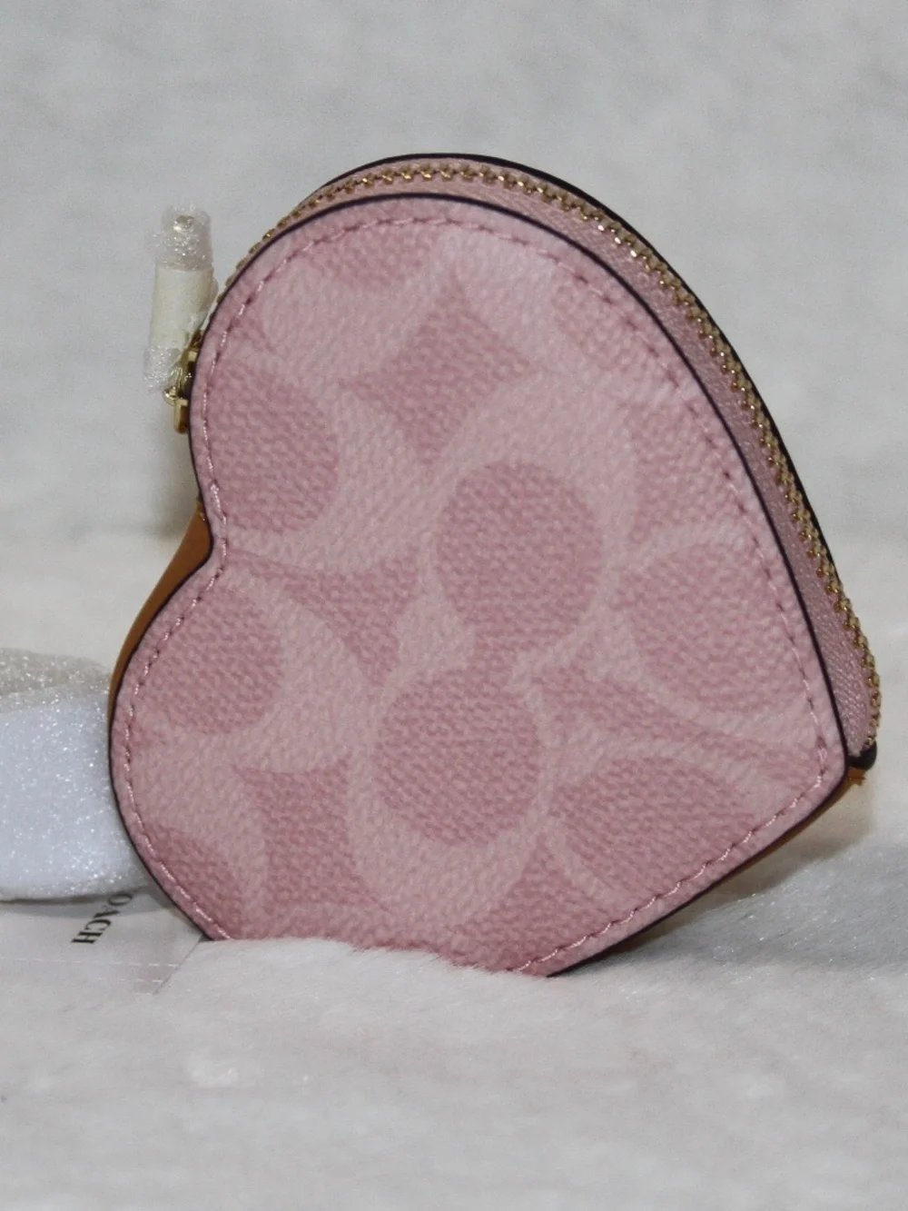 NWT Coach Heart Bag Charm Coin Case In Signature Canvas Powder Pink